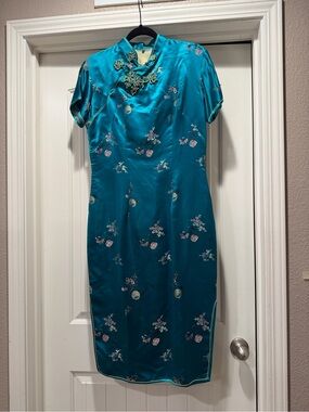 Turquoise Floral Satin Cheongsam Qipao Dress